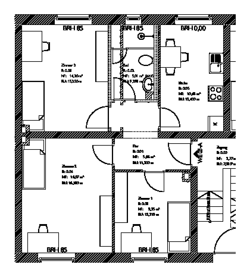 Beispielgrundriss 3er-WG: Beispiel: drei private Zimmer, eine gemeinsame Küche mit Essbereich, Flur und Bad.